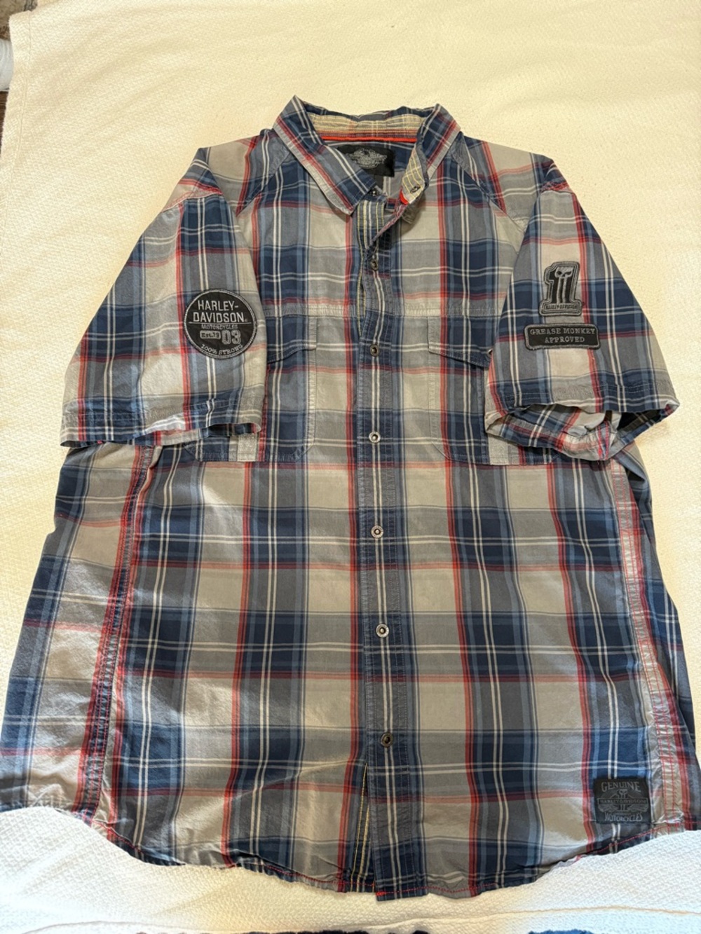 Harley-Davidson Blue Gray Red Plaid Short Sleeve Button-Down Shirt